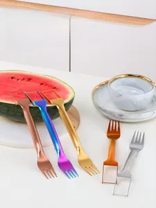 Polished stainless steel watermelon slicer forks in five colors for kitchen use