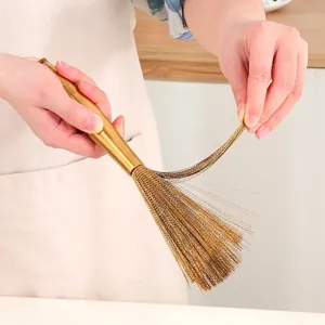 304 stainless steel kitchen cleaning brush with long golden handle and metal wire bristles