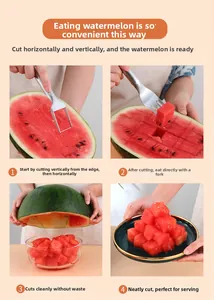 Macro view of stainless steel watermelon slicer and fork showing the dicing process
