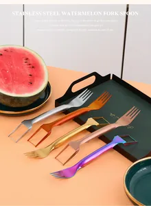 Close-up of stainless steel watermelon slicer forks in five different metallic colors
