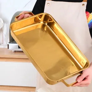 Rectangular golden stainless steel tray with sturdy handles for serving snacks or meals