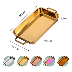 Rectangular stainless steel roasting pan with dual handles in various metallic finishes