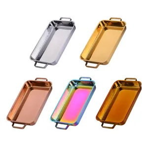 Rectangular stainless steel fish trays with handles in silver gold and rose gold finishes