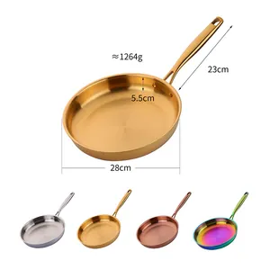 Golden 28cm stainless steel frying pan set with multiple color options and ergonomic handle