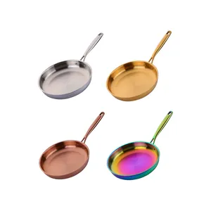 304 stainless steel frying pans set in silver, gold, rose gold and iridescent finishes