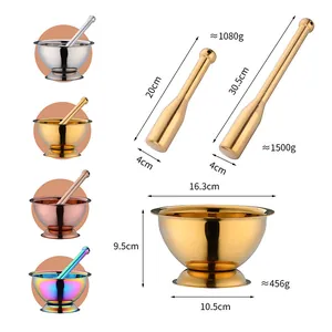 Stainless steel mortar and pestle set in four colors with detailed size measurements