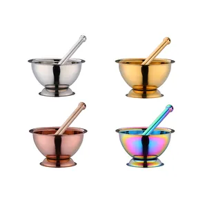 Stainless steel mortar and pestle set in silver, gold, rose gold and rainbow finishes