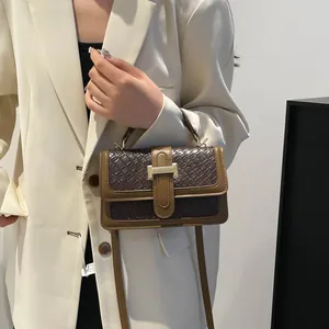 Chic brown woven texture small square handbag with adjustable shoulder strap