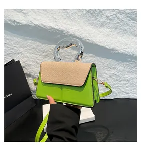 Detail of lime green leather bag with woven texture lid and clear acrylic handle