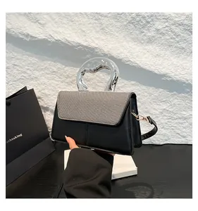 Detail of fashion crossbody bag featuring contrast colors and silver metallic round handle