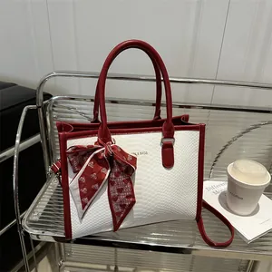 Fashion snake pattern tote bag in red and white contrast with silk ribbon detail
