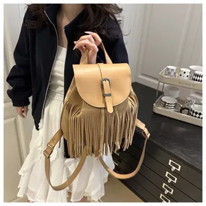 Detail of khaki tassel backpack showing the buckle flap and adjustable leather straps