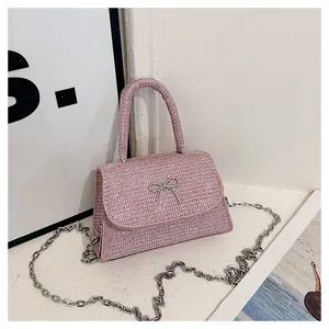 Close-up of pink rhinestone handbag featuring a silver metal butterfly bow and fine chain