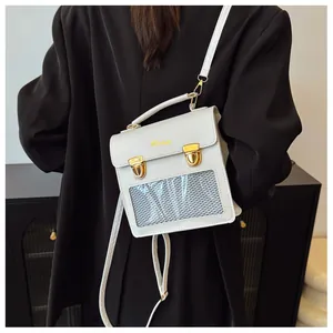 Detail of white PU ita bag with gold hardware and transparent mesh window on model