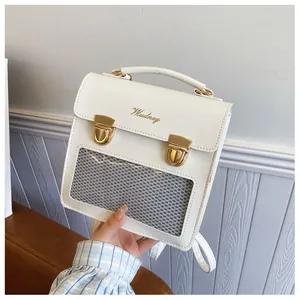 Detail of white PU leather Ita bag with transparent grid window and gold push locks