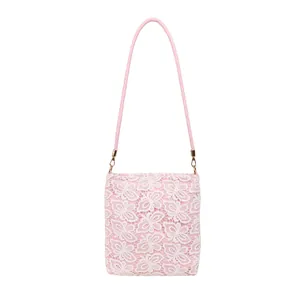 Elegant light pink lace shoulder bag with floral embroidery and golden metal hooks