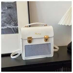 Detail of white leather handbag with golden hardware and light blue mesh window display