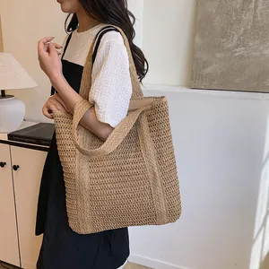 Handwoven hollow straw tote bag with large capacity for summer beach or daily casual use