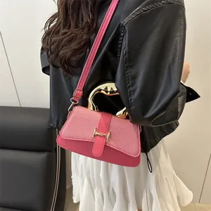 Fuchsia crossbody bag with metallic handle and canvas texture shown on model