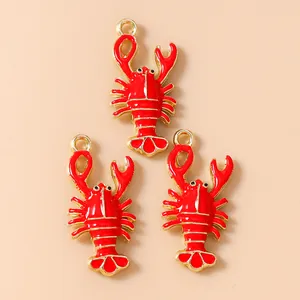 Three red lobster charms with gold alloy frame for DIY jewelry making and crafts