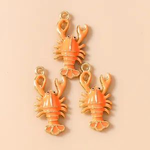 Three orange lobster alloy enamel charms with gold plating for DIY jewelry making