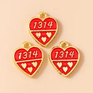 Τρία κόκκινα μενταγιόν καρδιά με χρυσά γράμματα 1314 για κατασκευή κοσμημάτων
