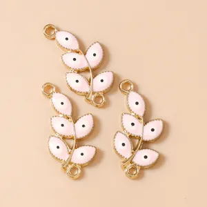 Pink evil eye leaf charms in gold-plated alloy for DIY bracelet and necklace making