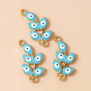 Blue enamel evil eye leaf pendants in gold alloy for DIY jewelry bracelet making