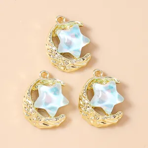 Golden crescent moon and blue pearlescent star pendants for DIY jewelry making