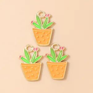 Exquisite enamel cactus flower alloy charms for DIY necklaces and bracelets, 10-pack