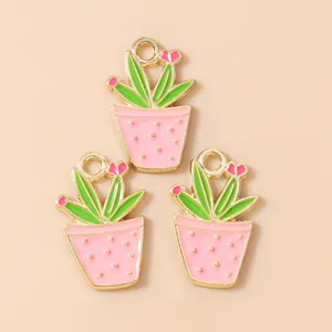 Three cute cactus enamel flowerpot charms in gold alloy for DIY jewelry and necklaces