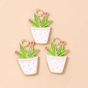 Exquisite enamel cactus plant pendants made of golden alloy for DIY jewelry making
