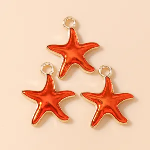 Starfish DIY jewelry pendants with orange enamel finish and gold metal frame set of 3