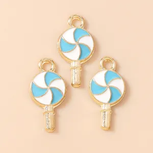 Trois jolis pendentifs sucettes bleu et blanc en alliage doré pour bijoux faits main