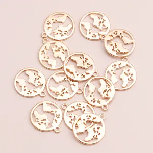 Set of gold-plated hollow world map round pendants for DIY jewelry and necklaces