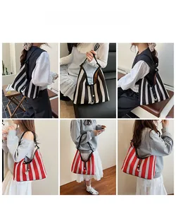 Detailed views of women's knit striped tote bag featuring faux leather shoulder straps