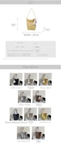 Detailed chart showing PU hollow bucket bag dimensions and five color options with charms