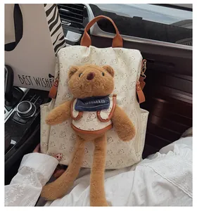 Detail of cream backpack with brown bear patterns and a 3D plush teddy bear mascot