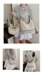Detail of woven beach tote with blue stripes, wooden beads, and adjustable shoulder straps