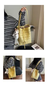 Detailed views of yellow hollow-out bucket bag with crossbody strap and plush bear charm