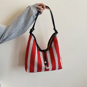 Fashion Striped Woven Tote Bag For Women Large Capacity Mesh Knitted Shoulder Bag Minimalist Trendy Hobo Handbag Travel