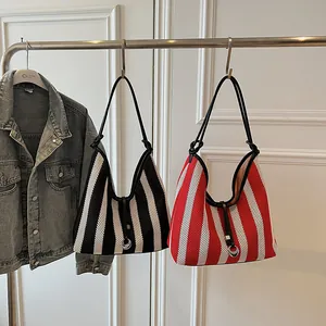Fashionable woven striped tote bag with mesh fabric and slim shoulder straps in two colors