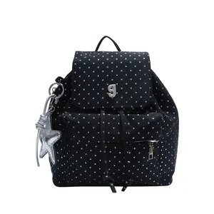 Black vintage polka dot backpack for women with star print and silver star pendant charm