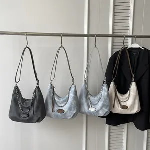 Contrast color hobo bag with denim texture and chain strap, large capacity tote for women