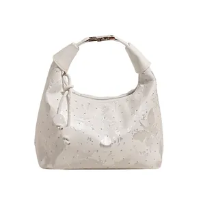 White New Chinese style hobo bag with grey butterfly prints and sparkling rhinestones