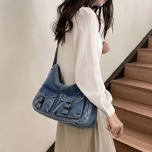 Sac Cabas en Denim Délavé Vintage pour Femmes Sac à Épaule Rétro à Multi-poches Grande Capacité Style Hobo Streetwear