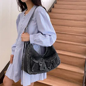 Grand sac cabas en jean vieilli avec poches à boucles pour voyage décontracté été