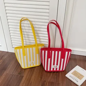 Sac Fourre-Tout en Toile à Rayures Verticales pour Femmes Grande Capacité Sac à Épaule Minimaliste Avec Poignées en Cuir Artificiel Contrastées Sac à Main