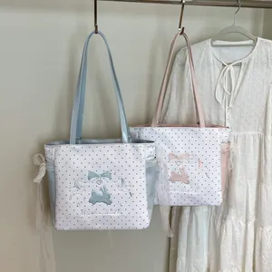 Cabas en toile à pois avec broderie lapin et nœuds en dentelle pour la mode féminine été