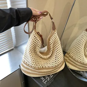 Borsa Tote Intrecciata da Spiaggia Estiva di Grande Capacità per Donna Borsa a Tracolla all'Uncinetto Fatta a Mano con Tracolla in Pelle